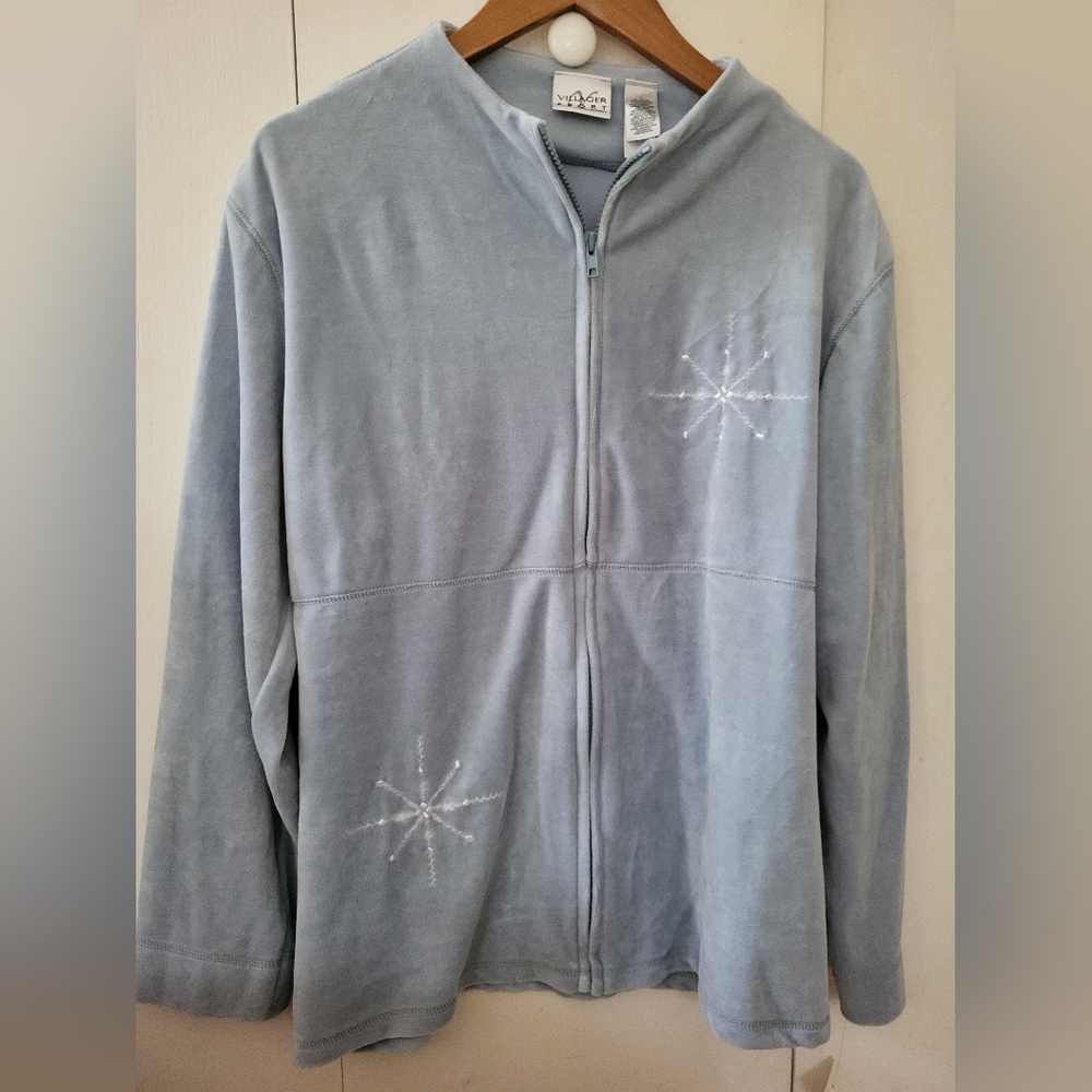 NWT Vintage Light Blue Zip-Up Fleece Jacket with Snowflake Embroidery Sz L